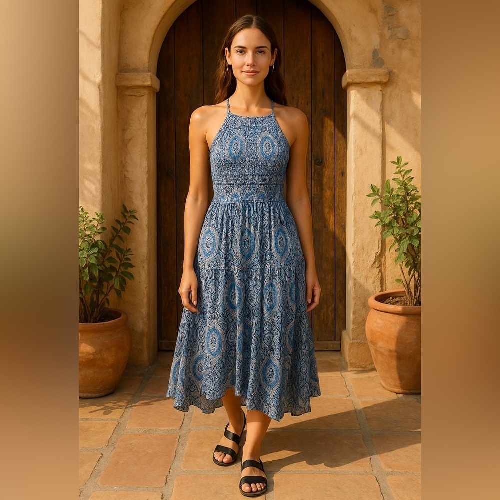 Free People Blue Paisley Smocked Halter Midi Dress Open Back Size M